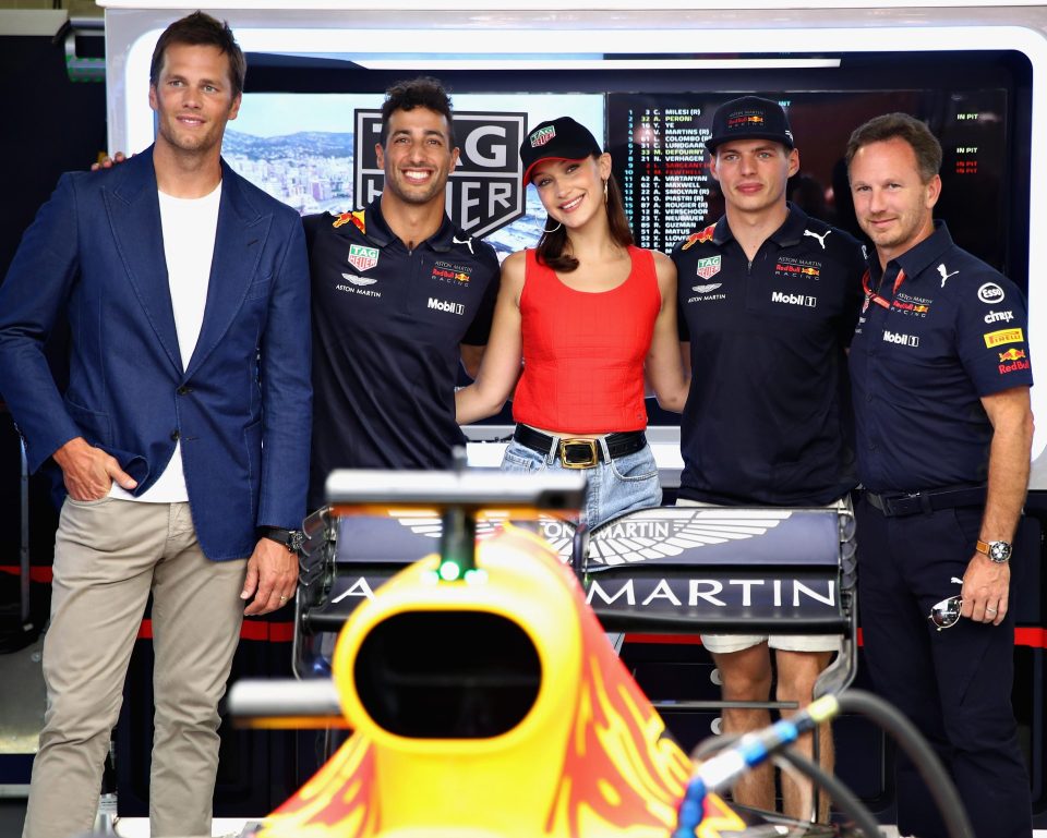  NFL legend Tom Brady, driver Daniel Ricciardo, Bella, Max Verstappen and Horner team up