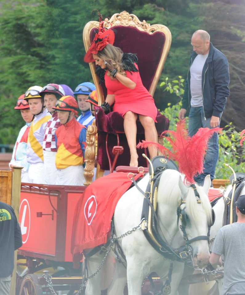 A pair of white horses could be seen with red feathers attached to their harnesses