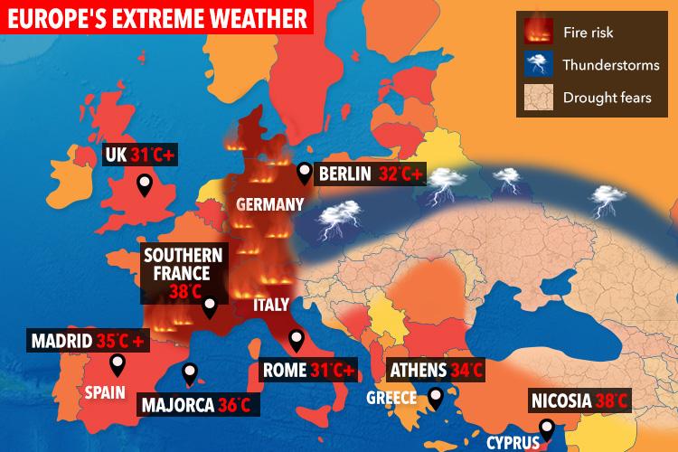 Europe could be struck with heatwaves, thunderstorms and even droughts this summer