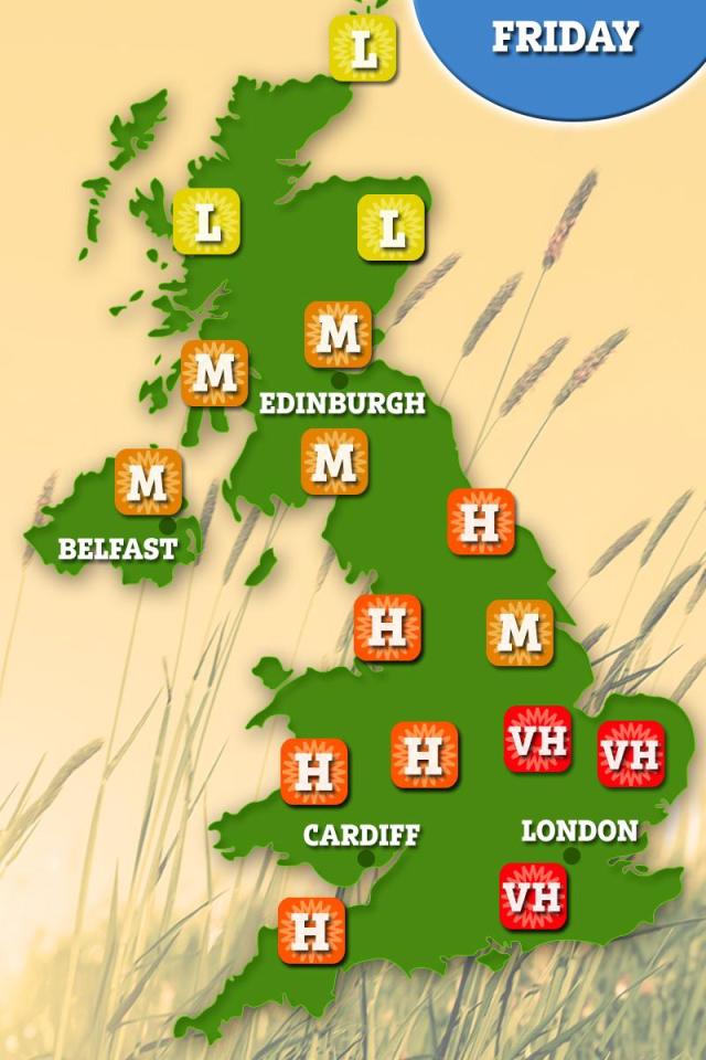 The east of the country is still plagued by very high pollen counts on Friday, with levels continuing to fall elsewhere