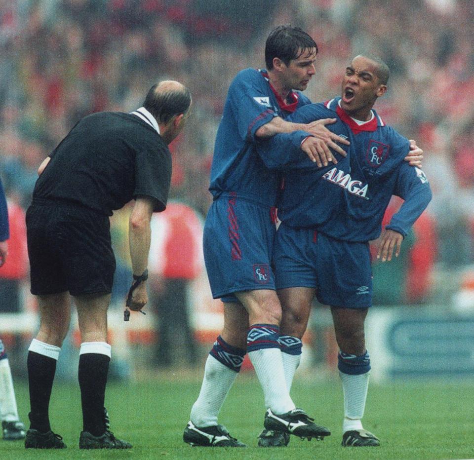  Mark Stein is held back from ref David Elleray during the 1994 FA Cup final defeat to Manchester United