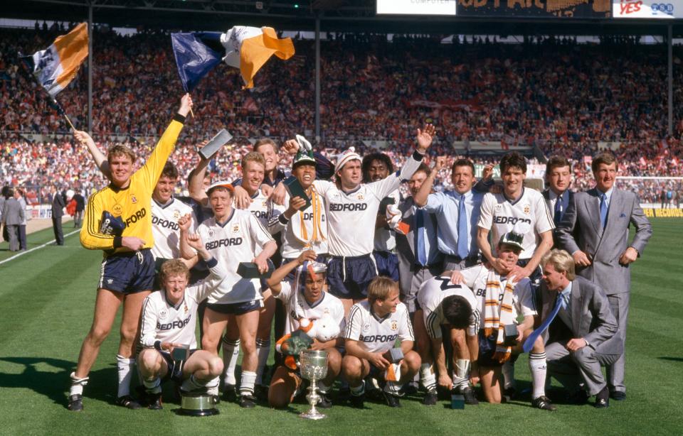  Luton players celebrate overcoming the odds and beating Arsenal in the 1988 League Cup final