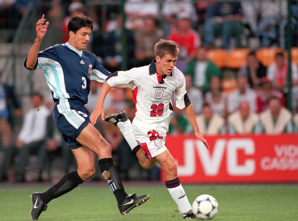 Michael Owen slices the Argentina defence apart to score for England in the 1998 quarter-finals