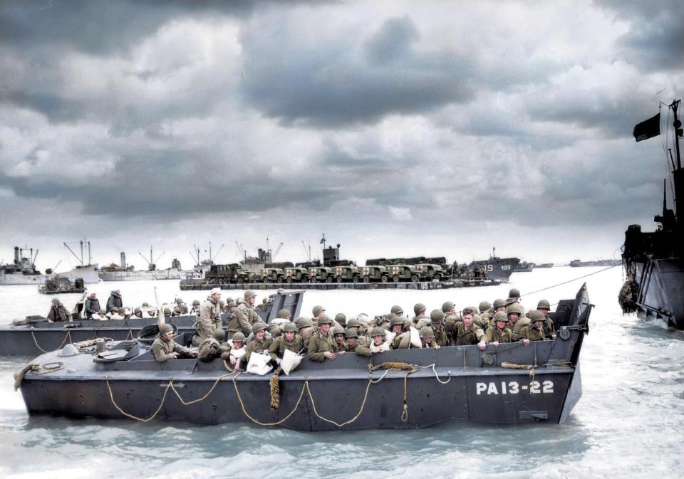  U.S. troops from the USS Joseph T. Dickman wait to disembark from their landing craft as they approach Utah Beach on June 6 1944