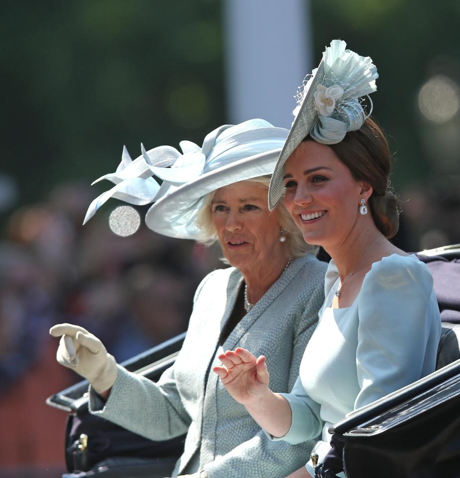  Camilla and Kate wave to the crowds on a sunny day in the capital