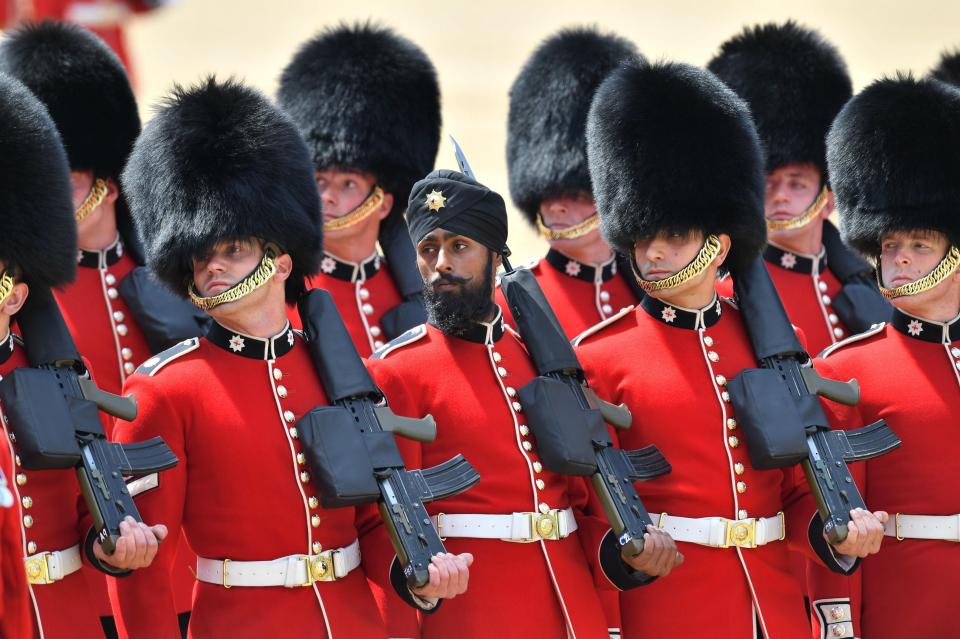  Jatinderpal Singh Bhullar (centre) of the 1st Battalion Coldstream Guards during the Trooping the Colour ceremony