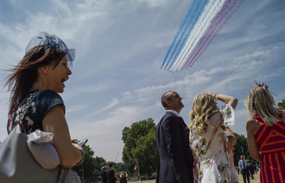  Members of the public watch a flypast by the Red Arrows from Horse Guards Parade