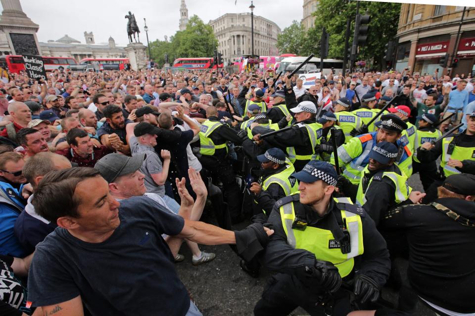  Police clash with Free Tommy protesters as they gather outside Whitehall in June