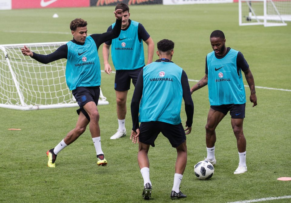  Dele Alli, Harry Maguire, Trent Alexander-Arnold and Raheem Sterling in action at St George's Park - Alli could be dishing out the tea in Russia