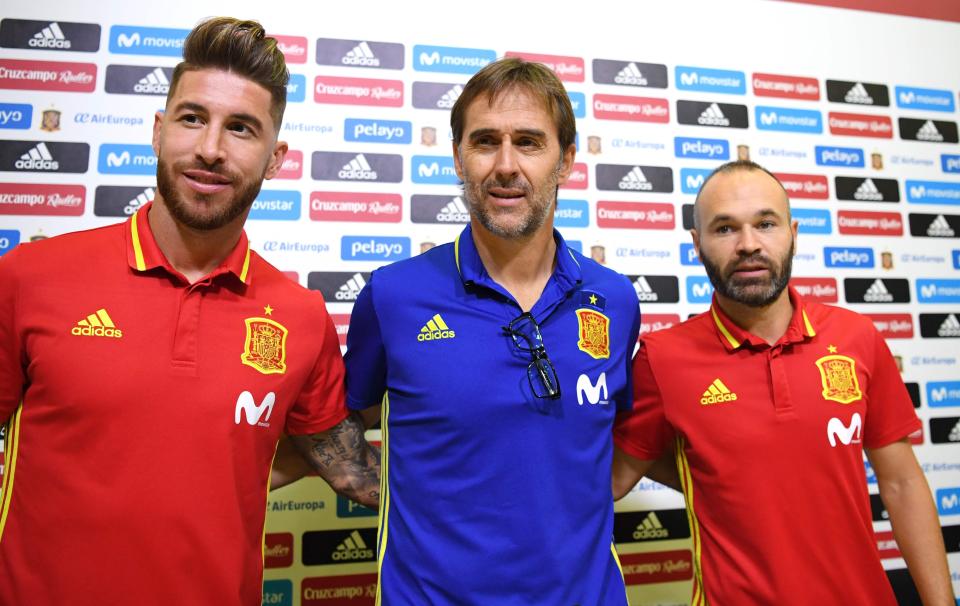 Julen Lopetegui with Sergio Ramos and Andres Iniesta