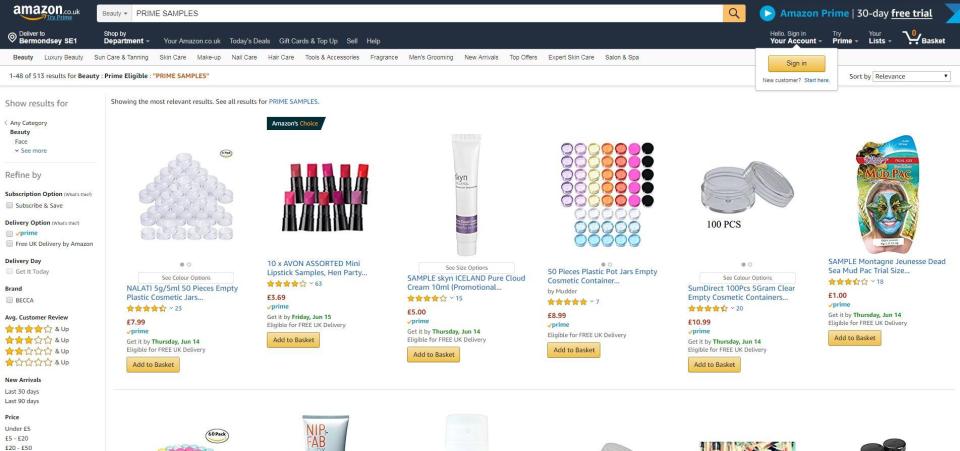  Amazon has a section called Prime Samples which lists beauty products for bargain prices