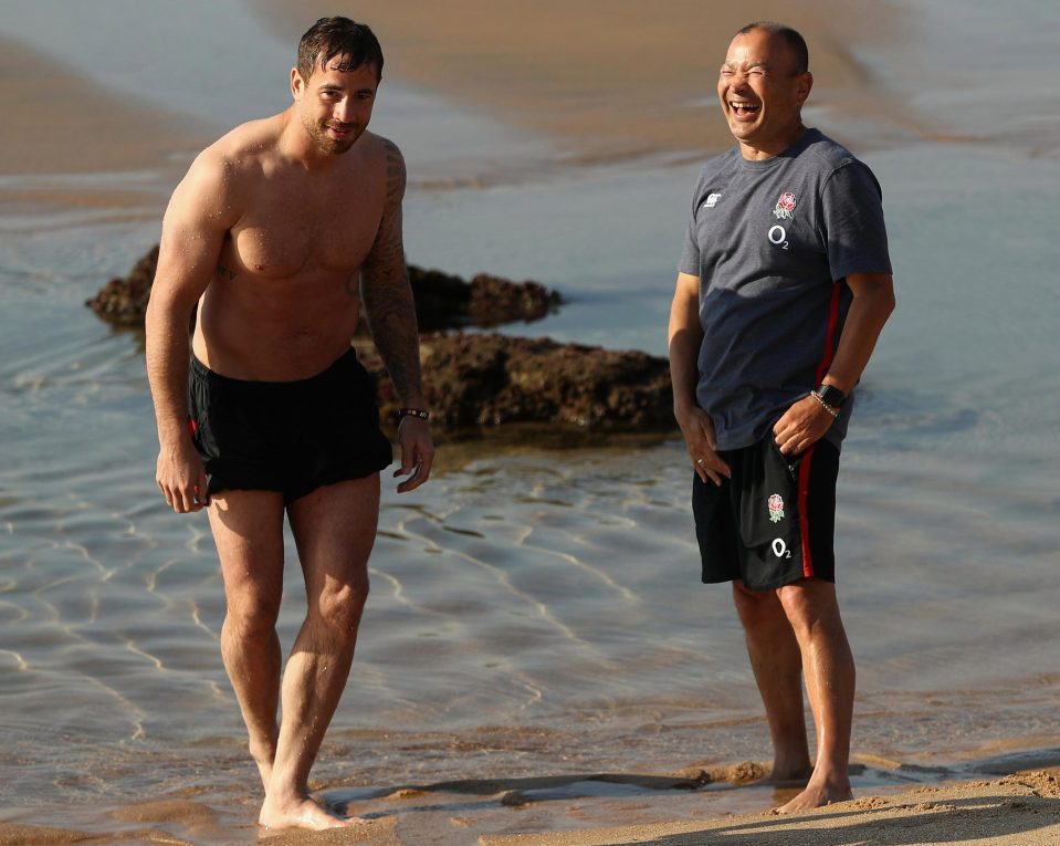  Fly-half Danny Cipriani and Eddie Jones having a laugh on the beach in Durban last week