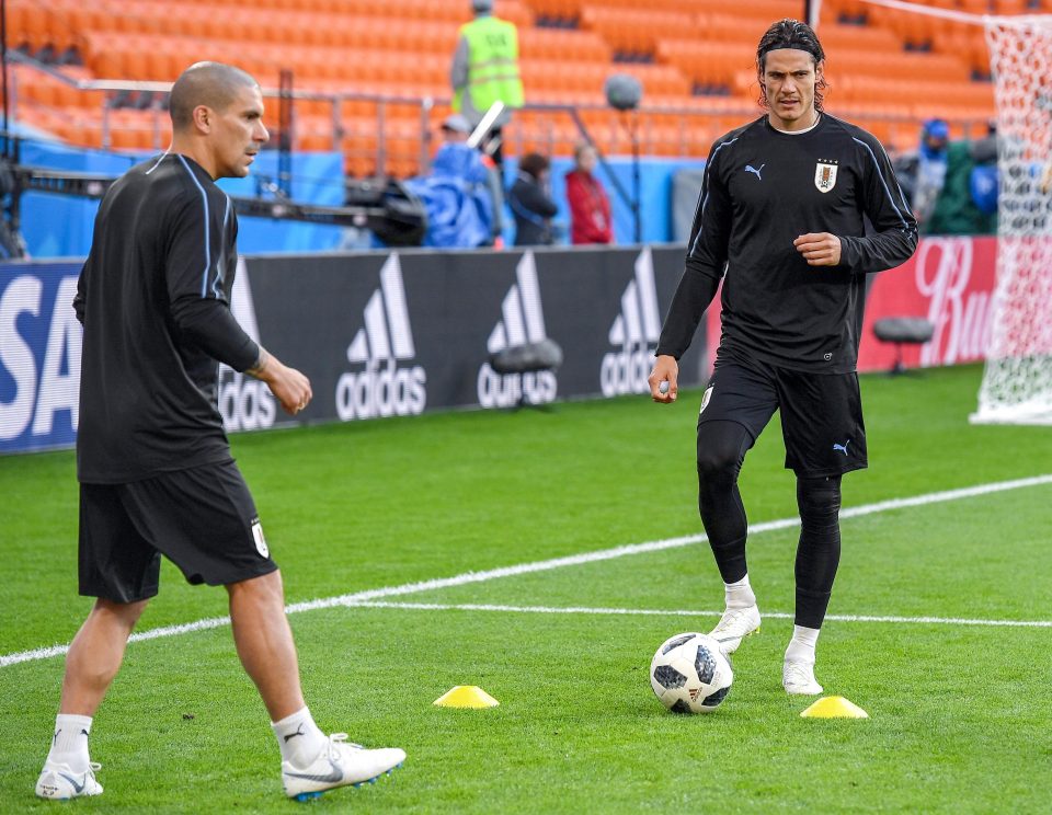  Midfielder Carlos Sanchez and forward Edinson Cavani train at the Yekaterinburg Arena Stadium for Uruguay