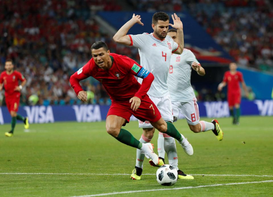  Ronaldo, 33, was clearly tripped by Real Madrid team-mate Nacho during the Group B clash