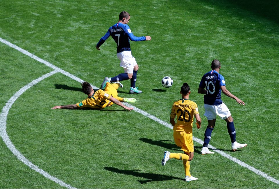  VAR helped the referee got it right over this challenge from Oz defender Joshua Risdon on France striker Antoine Griezmann