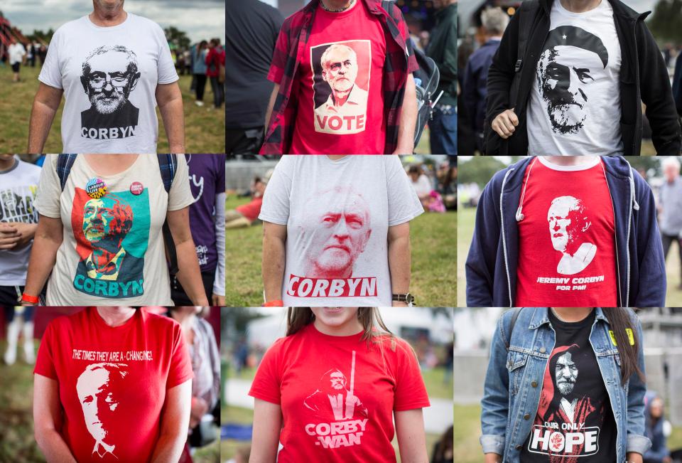  Some stalls offered Corbyn merchandise, such as these Corbyn print shirts