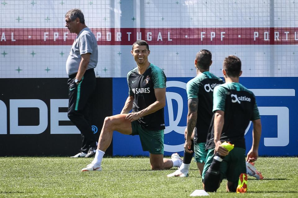  Ronaldo shared a joke with his Portugual team-mates, as they returned to training in Russia today