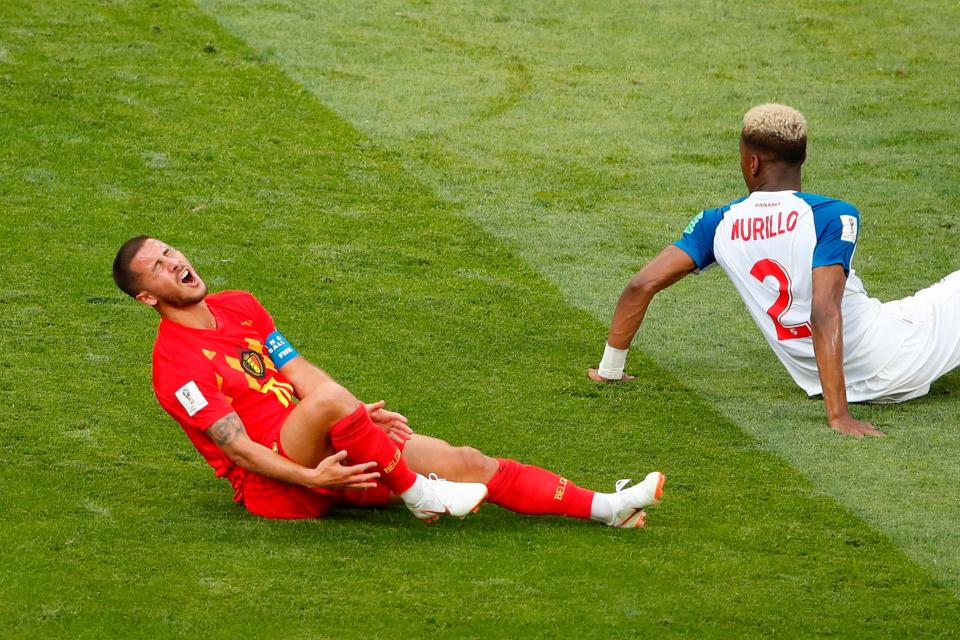  Hazard reacts following a challenge by Panama defender Michael Murillo