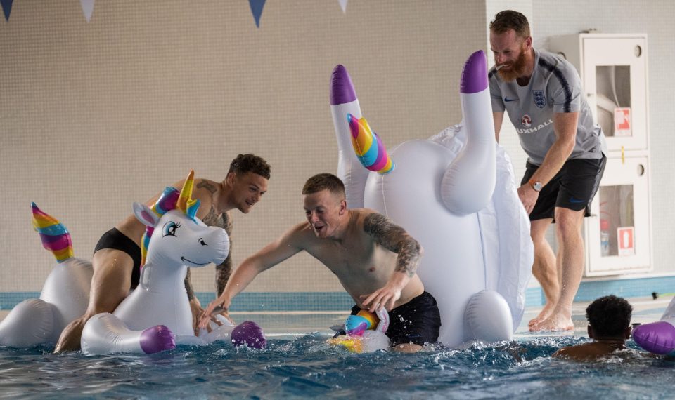  England stars Kieran Trippier, Jordan Pickford and Jesse Lingard lark around in the pool