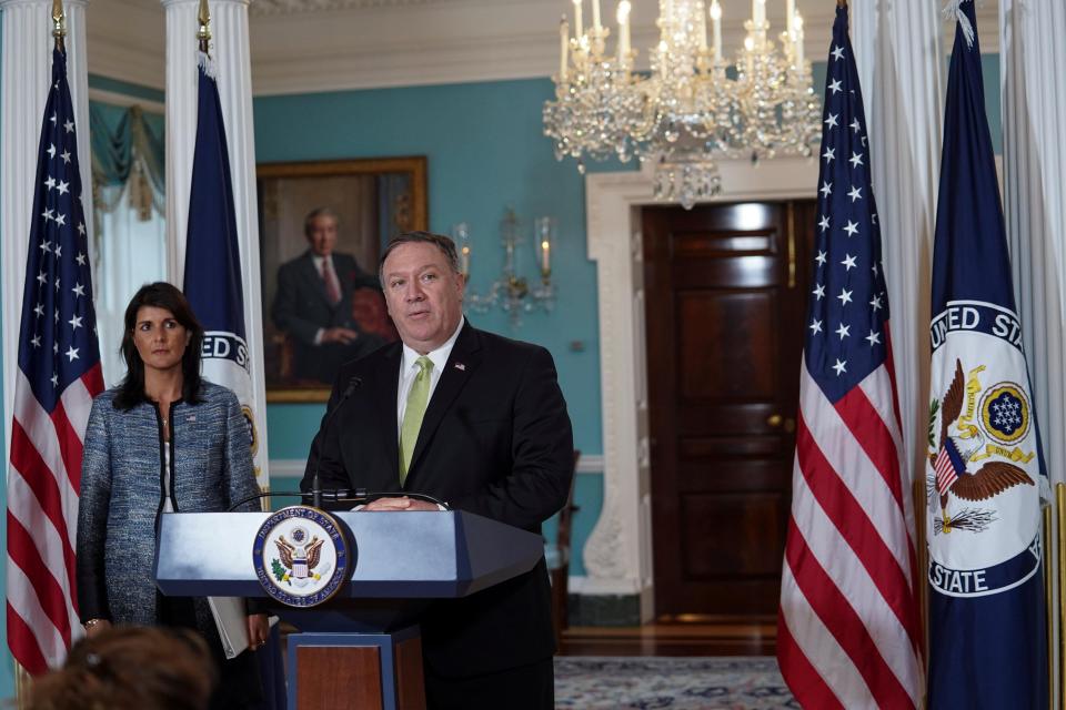  US Secretary of State Mike Pompeo delivers remarks together with Ambassador to the United Nations Nikki Haley