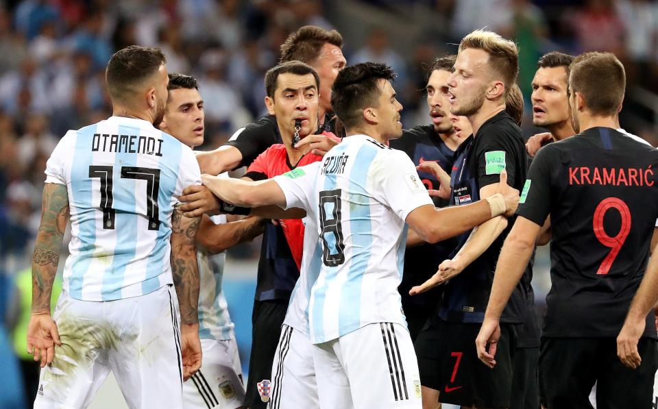 A scuffle between players broke out at the end of the game after Nicolas Otamendi appeared to kick the ball at Ivan Rakitic while the Croatian was on the floor