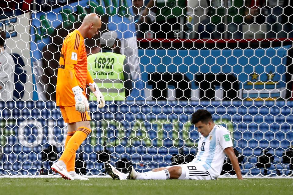  Marcos Acuna and Willy Caballero realise Argentina are now in big trouble