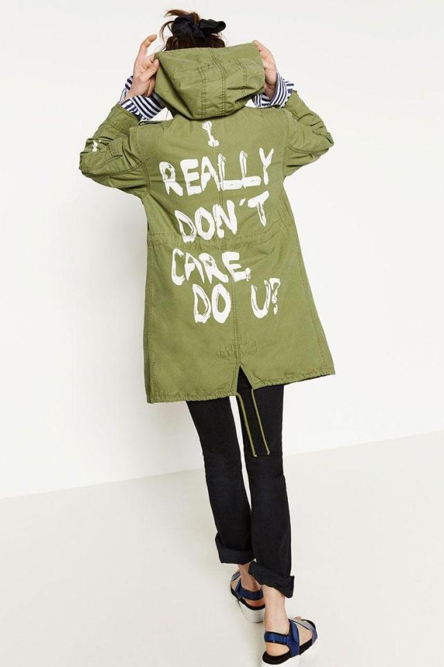  The first lady opted to wear this £30 military green Zara jacket with the words 'I really don't care, do u?' written in graffiti-style on the back