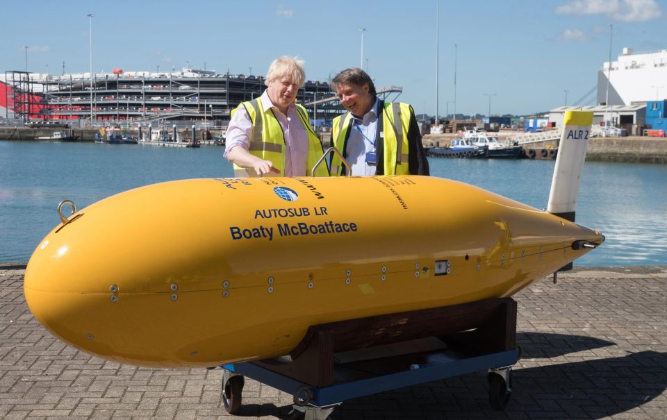  Boris Johnson next to Boaty McBoatface, an autonomous underwater vehicle used for scientific research, on a visit to Southampton