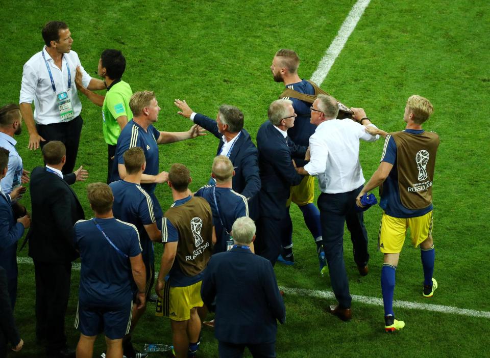  The German and Swedish benches were involved in a furious bust-up after the late winner on Saturday