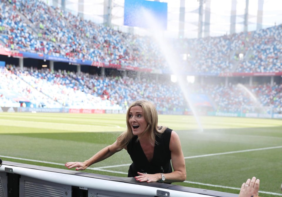  Gabby Logan was targeted by the pitch sprinklers and beer during England's win over Panama