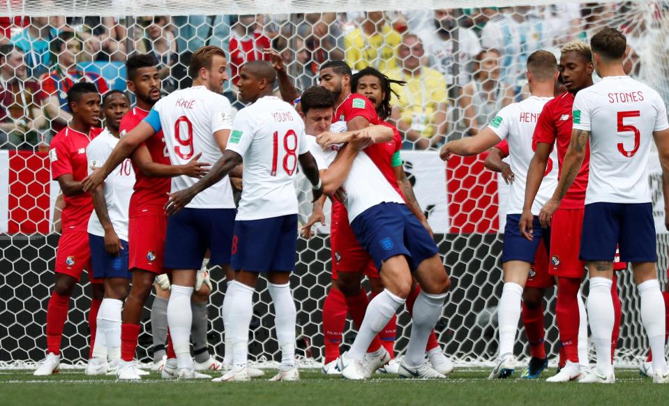  Harry Maguire gets the roughhouse treatment from the opening corner - but it didn't matter when John Stones was left unmarked to open the scoring