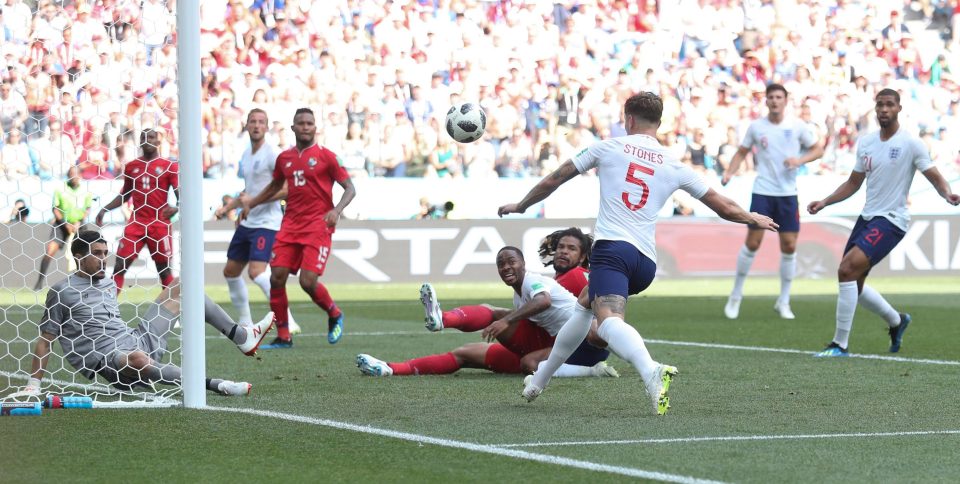  John Stones reacts fastest to the loose ball to nod home hid second goal and the fourth for England