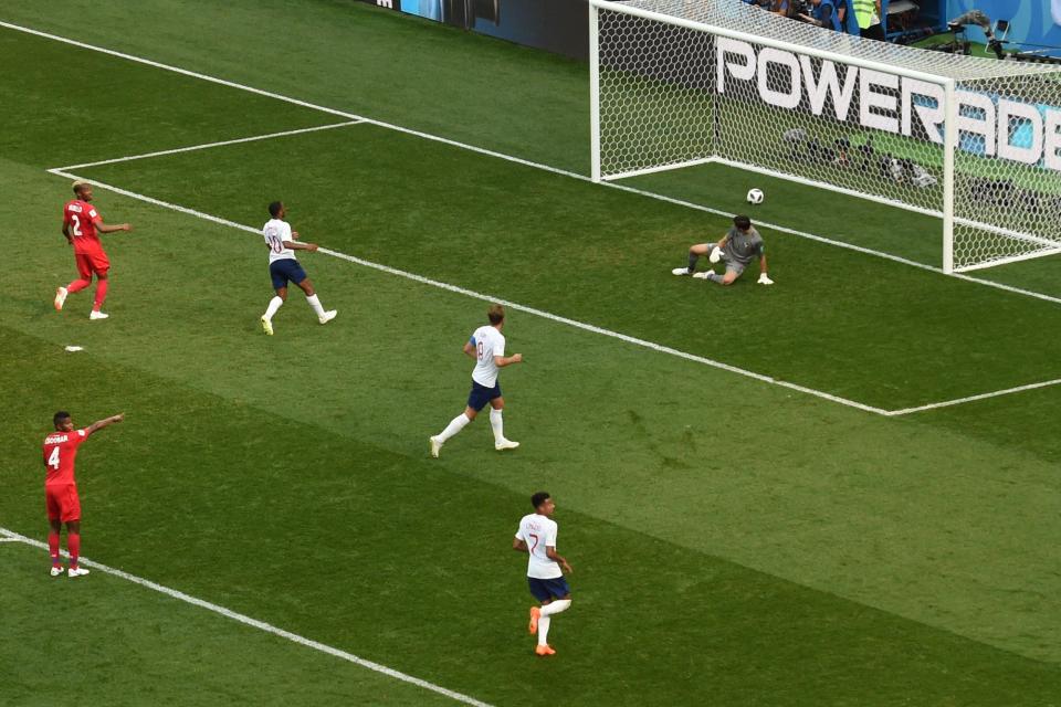  Kane watches as a shot from Ruben Loftus-Cheek clipped his heel and looped into the net for his third goal