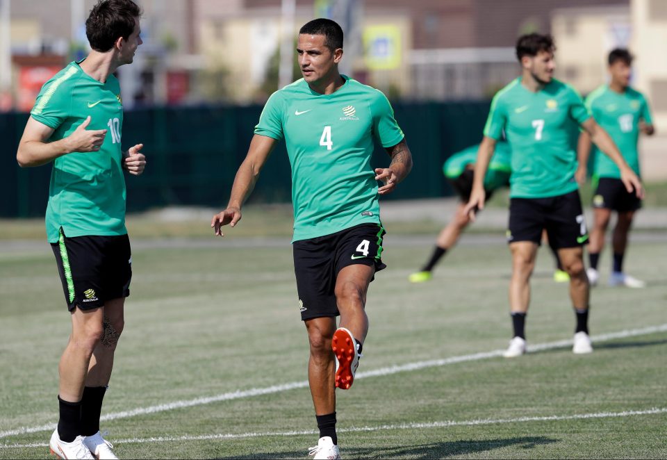  Veteran Tim Cahill is the middle man in training for Australia ahead of the Peru tie