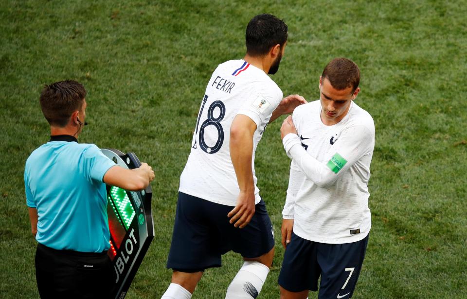 Nabil Fekir comes on as a substitute to replace Antoine Griezmann in the second half