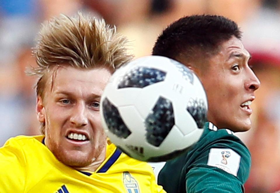  Sweden's Emil Forsberg in action with Mexico's Edson Alvarez