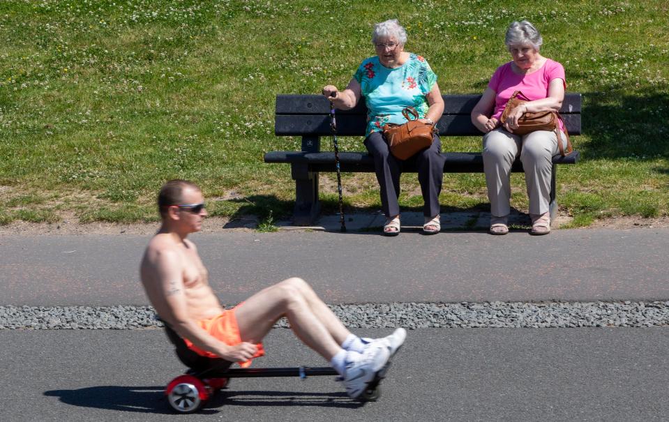 A man finds a novel way to get around Helix Park in Falkirk today