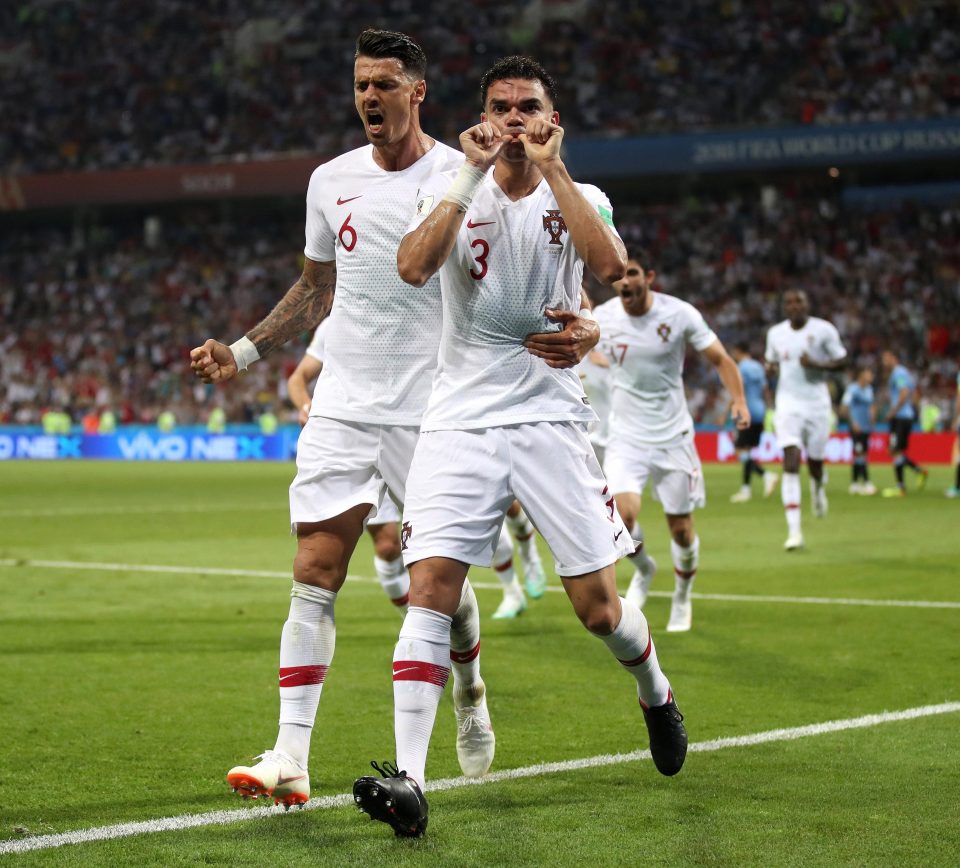  Pepe celebrates after equalising for Portugal against Uruguay