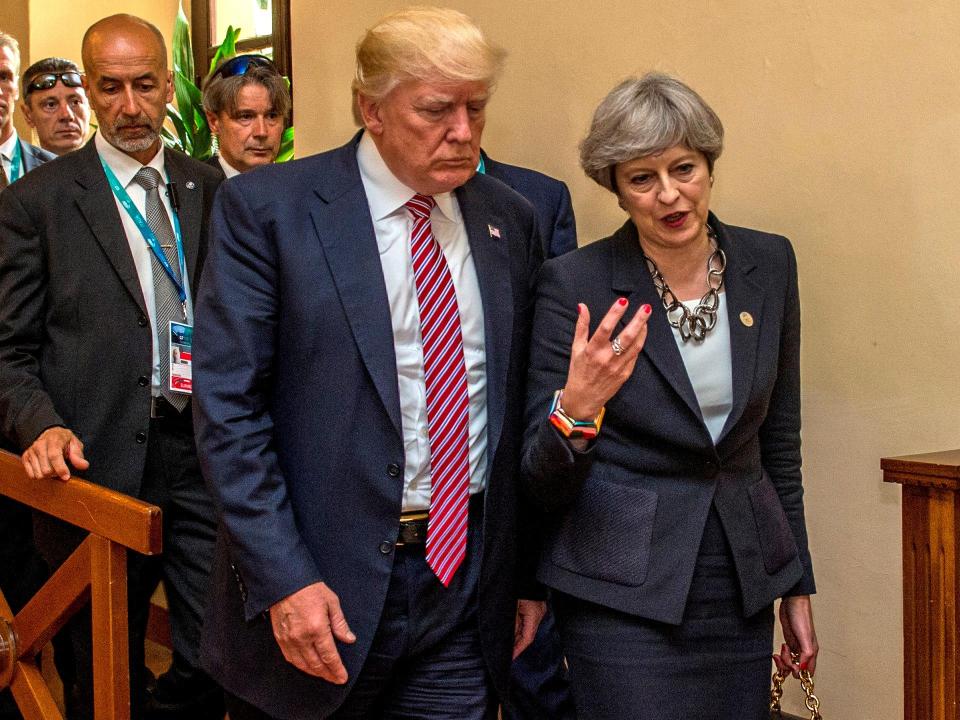  Lectured . . . Grim-faced Trump with May at G7 summit last year