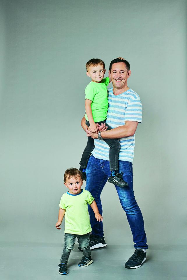  Gareth Morris, 43, with sons Max, six, and Henry, two