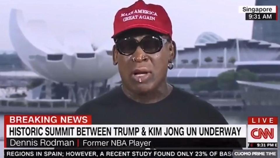  Rodman later donned a MAGA cap supporting Trump and broke down on a live CNN interview