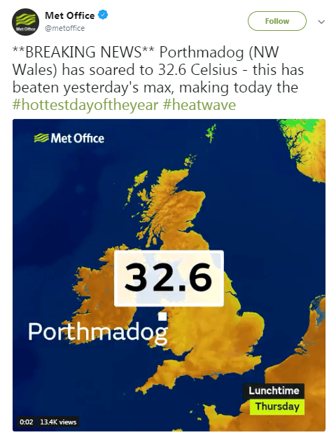 Temperatures in Porthmadog, north west wales, have hit a record-breaking 32.6C