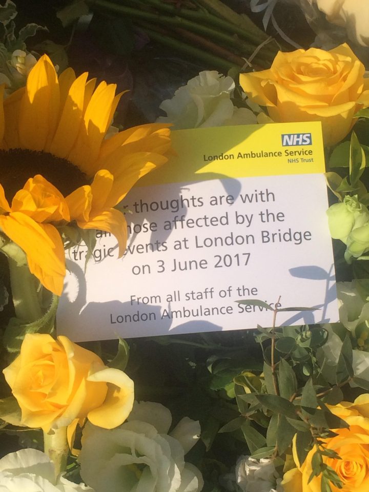  The London Ambulance Service left floral tributes at London Bridge in memory of those affected by the tragedy