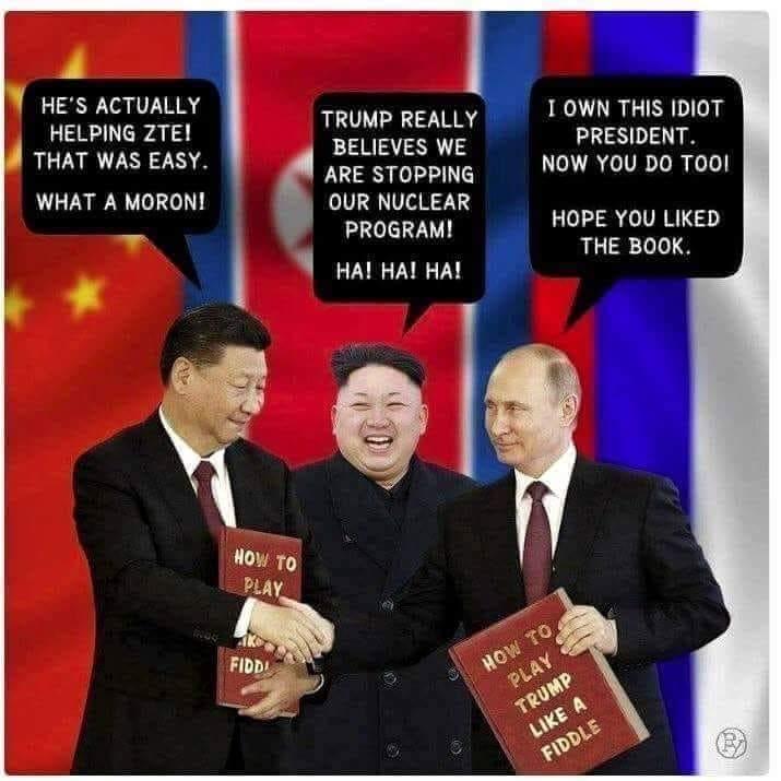 Another showed the leaders of Russia, China and North Korea laughing about manipulating Trump