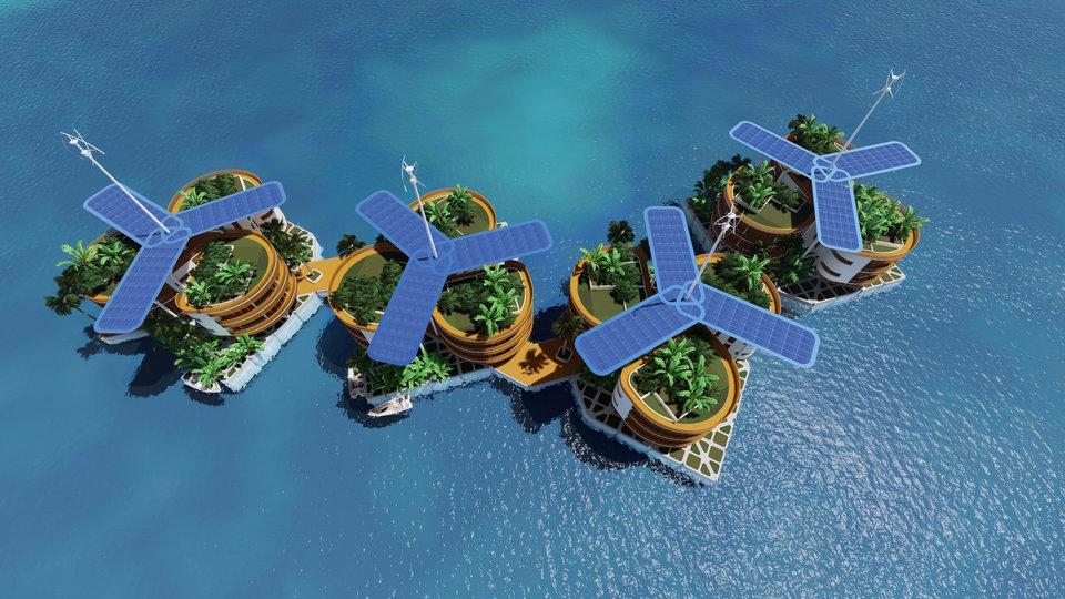  The solar panels that will provide clean energy, along with wind turbines, to the "floating utopia"