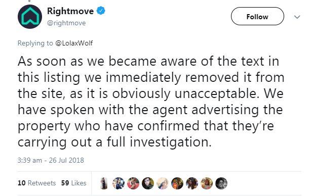  Rightmove removed it from the site as they said it was 'obviously unacceptable'