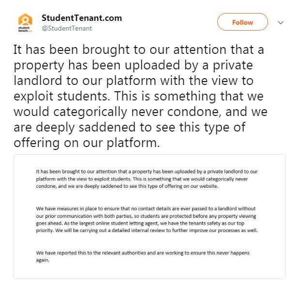  StudentTenant said they were 'saddened' by the attempt to exploit students