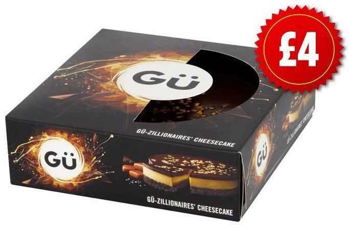  GU zillionaire cheecake is made of a "sea of chocolate ganache", with salted caramel on a crumbly chocolate biscuit bed