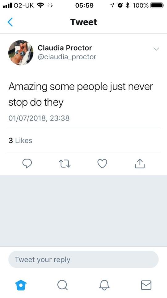  In a now deleted tweet, Claudia said: 'Amazing some people just never stop do they'