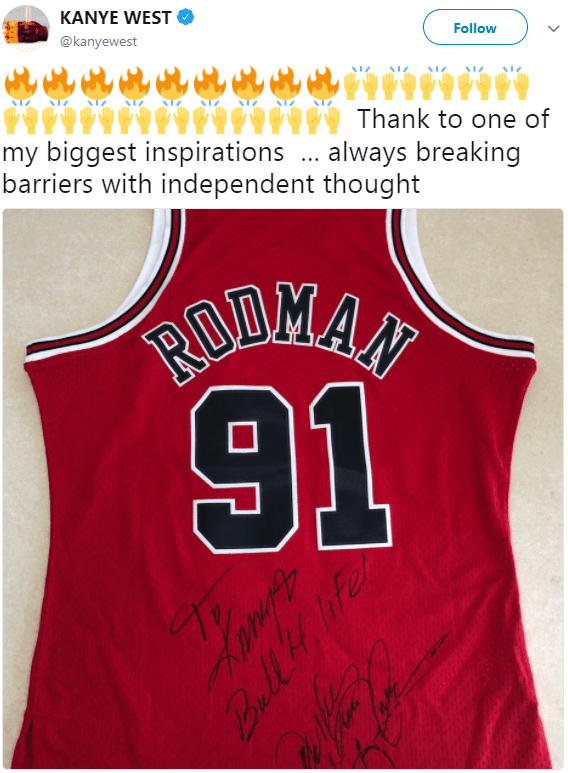 Kanye recently took to Twitter to praise Rodman as one of his inspirations